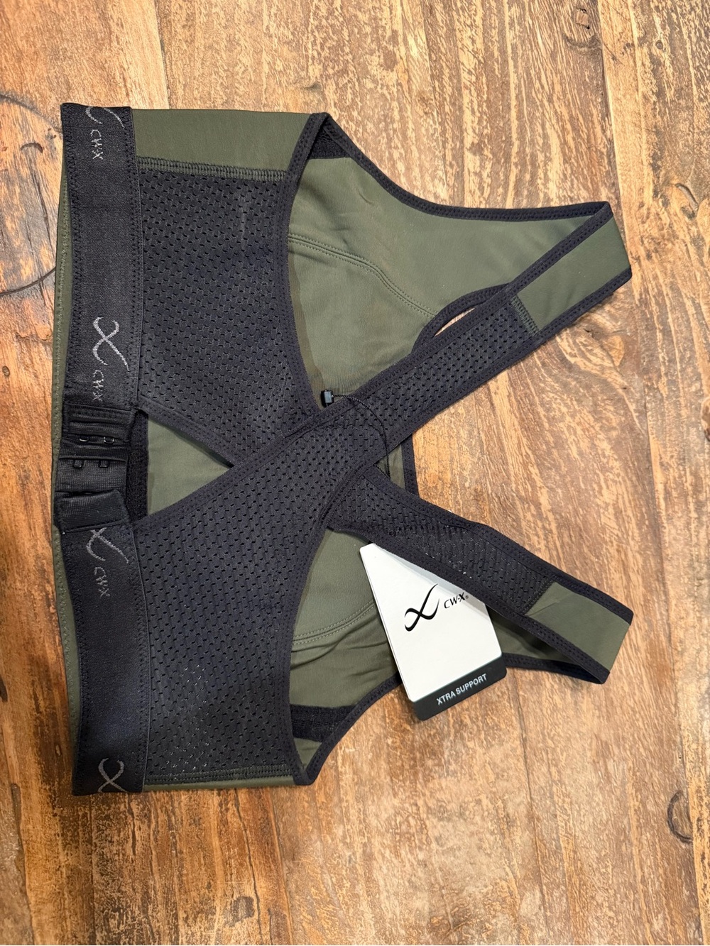 CW-X xtra Support Bra III Olive Green and Black Racerback Support Sports Bra - Picture 4 of 4